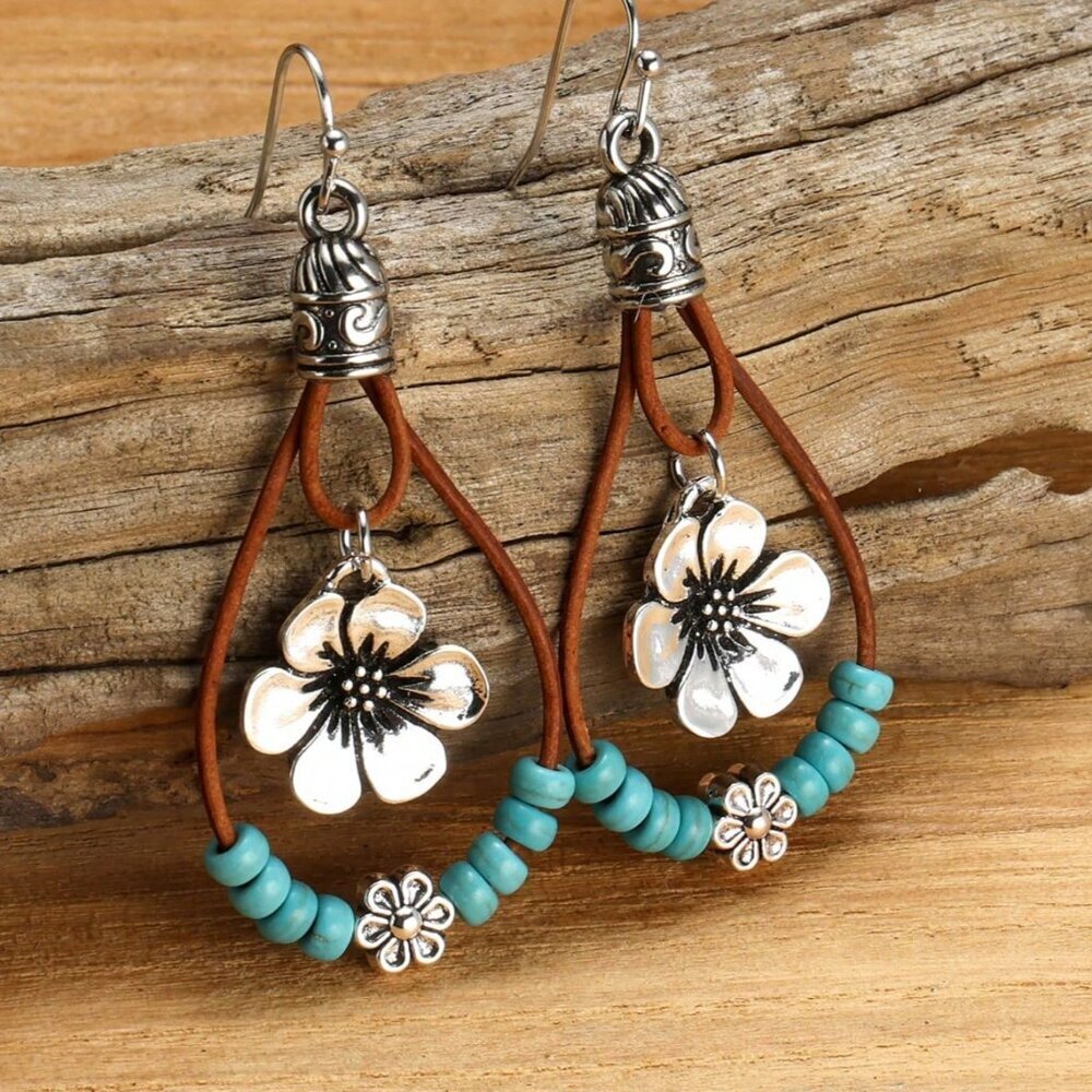 Boho Women's Alloy Blossom Pendant With Turquoise Beads Earrings